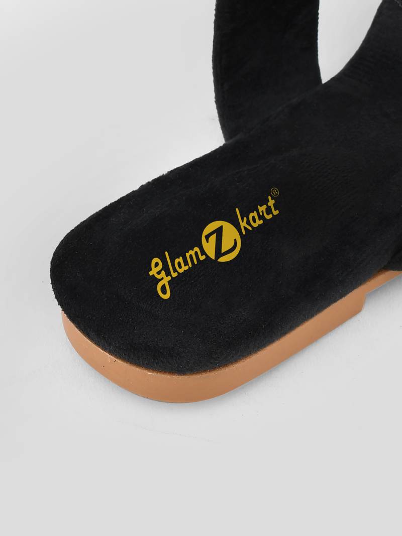GlamZkart Women Black Color Velvet Stone Work Flats Sandal