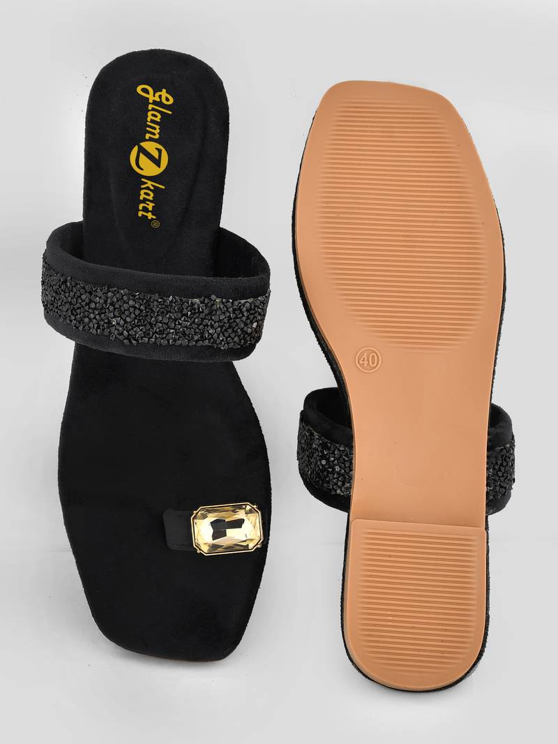 GlamZkart Women Black Color Velvet Stone Work Flats Sandal