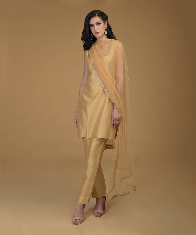 Nude Gold Zardozi Hand Embroidered Suit