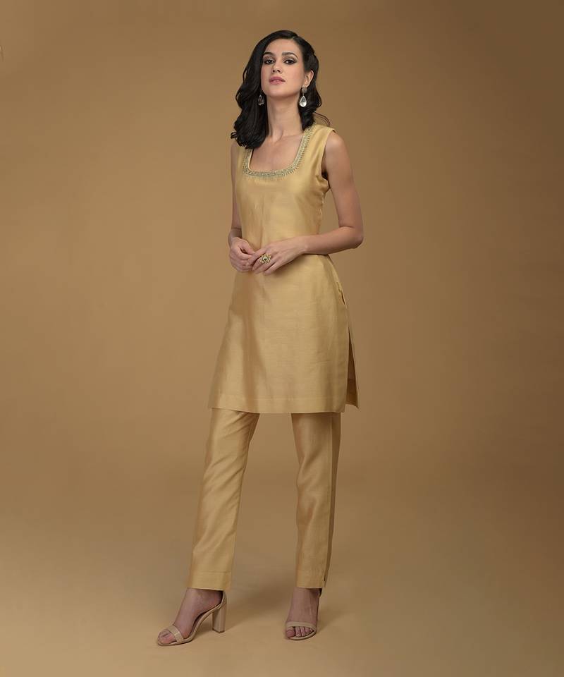 Nude Gold Zardozi Hand Embroidered Suit