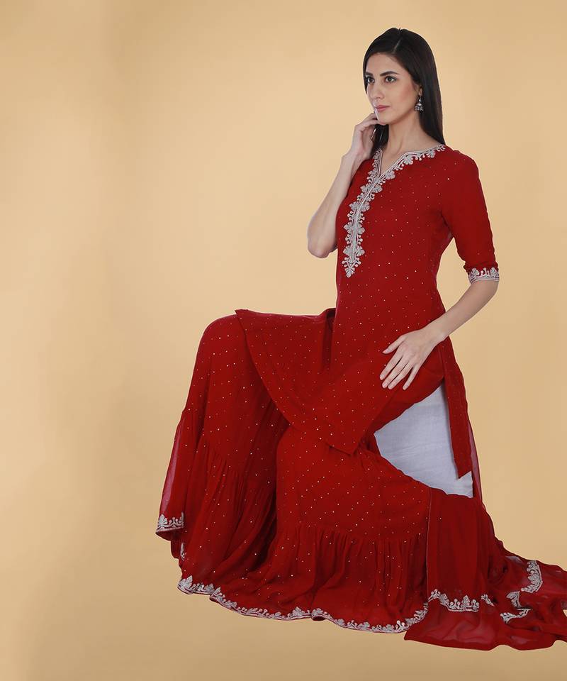Scarlet Red Tilla And Mukaish Embroidered Gharara Suit