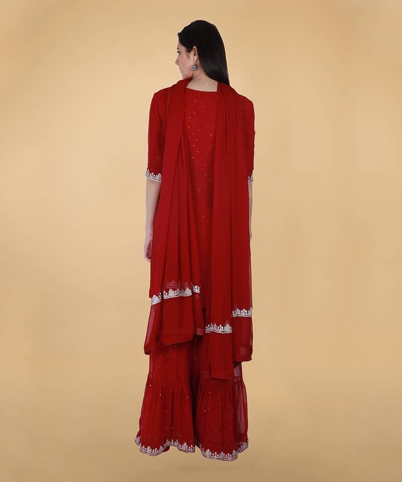 Scarlet Red Tilla And Mukaish Embroidered Gharara Suit