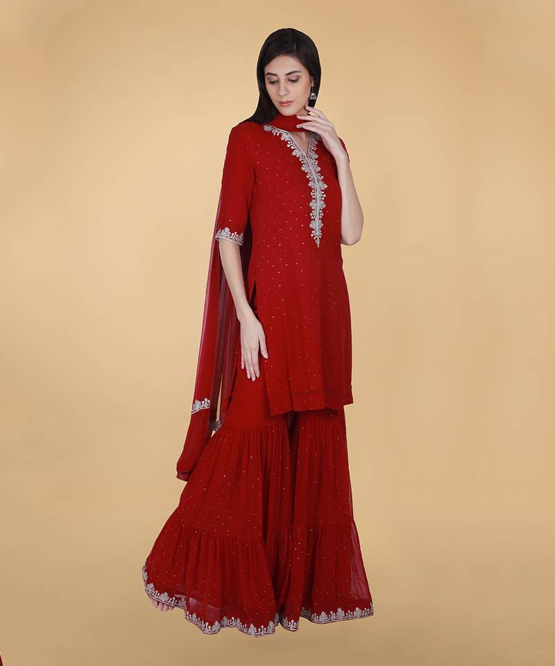 Scarlet Red Tilla And Mukaish Embroidered Gharara Suit