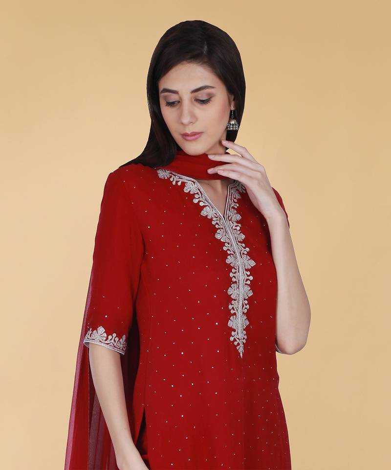 Scarlet Red Tilla And Mukaish Embroidered Gharara Suit