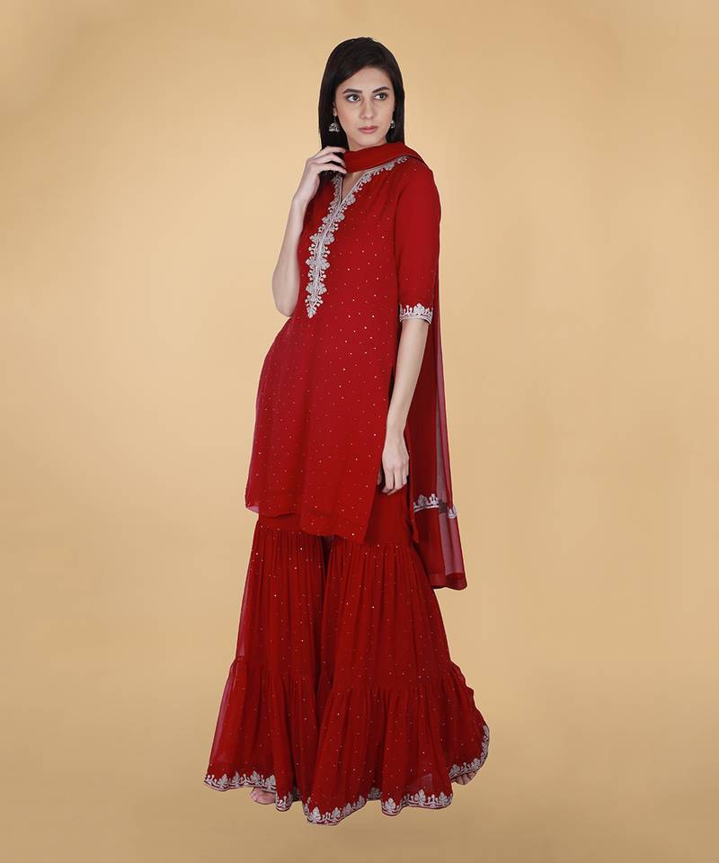 Scarlet Red Tilla And Mukaish Embroidered Gharara Suit