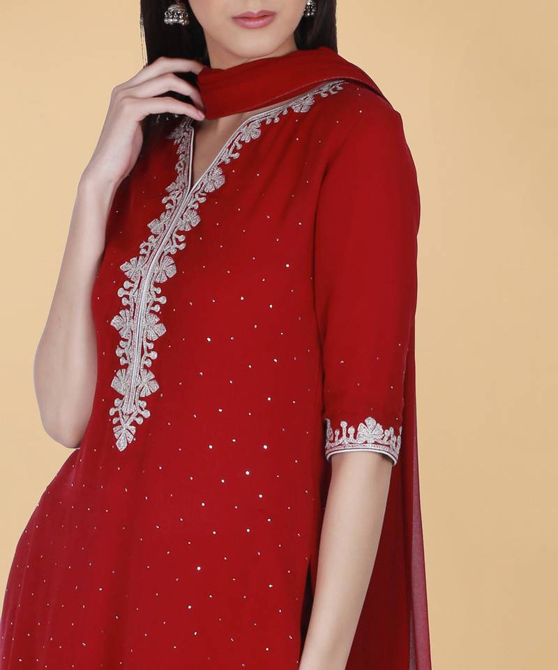 Scarlet Red Tilla And Mukaish Embroidered Gharara Suit