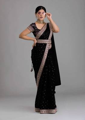 Black Colour Chinnon Silk Saree With Foil Print WITH UN-STITCHED BLOUSE 1