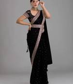 Black Colour Chinnon Silk Saree With Foil Print WITH UN-STITCHED BLOUSE