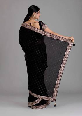 Black Colour Chinnon Silk Saree With Foil Print WITH UN-STITCHED BLOUSE 3