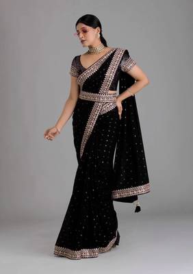 Black Colour Chinnon Silk Saree With Foil Print WITH UN-STITCHED BLOUSE 4