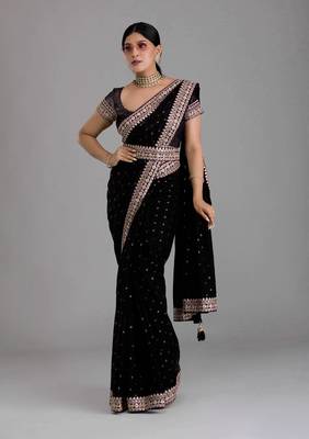 Black Colour Chinnon Silk Saree With Foil Print WITH UN-STITCHED BLOUSE 5
