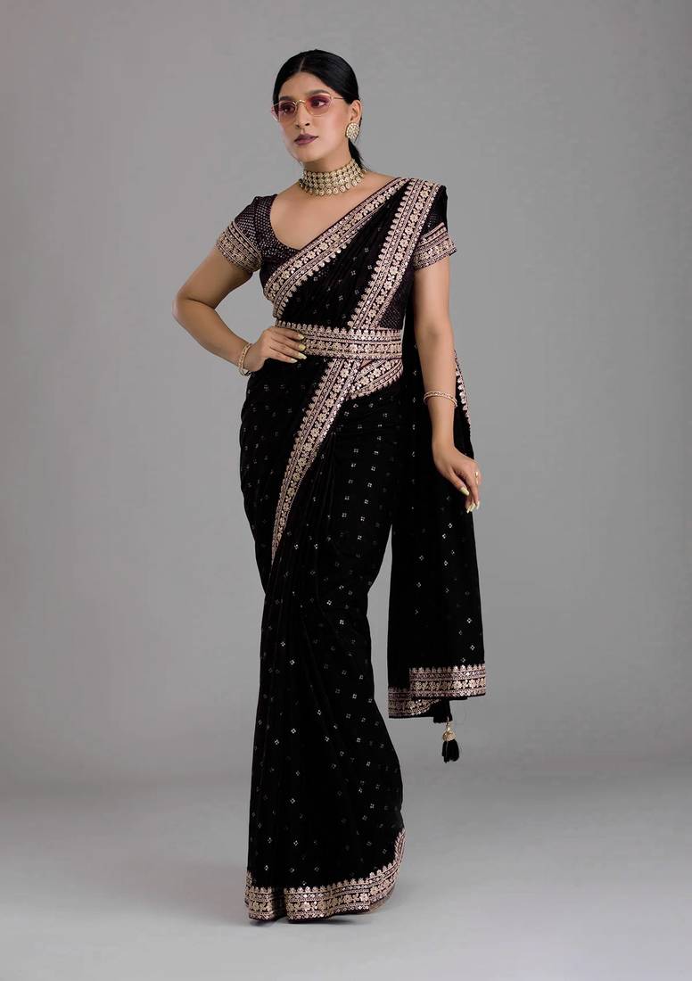 Black Colour Chinnon Silk Saree With Foil Print WITH UN-STITCHED BLOUSE