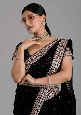 Black Colour Chinnon Silk Saree With Foil Print WITH UN-STITCHED BLOUSE 6