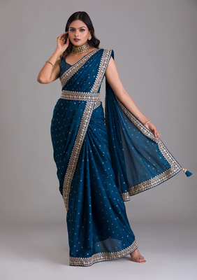 Morepeach Colour Chinnon Silk Saree With Foil Print WITH UN-STITCHED BLOUSE 1