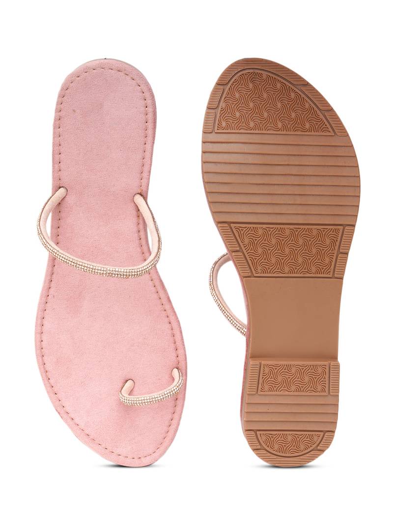 GlamZkart Women Rose-Gold Color Stone Work Thin Strip  Flats Sandal