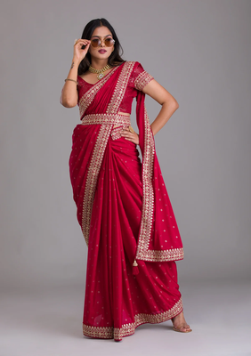Maroon Colour Chinnon Silk Saree With Foil Print WITH UN-STITCHED BLOUSE 1