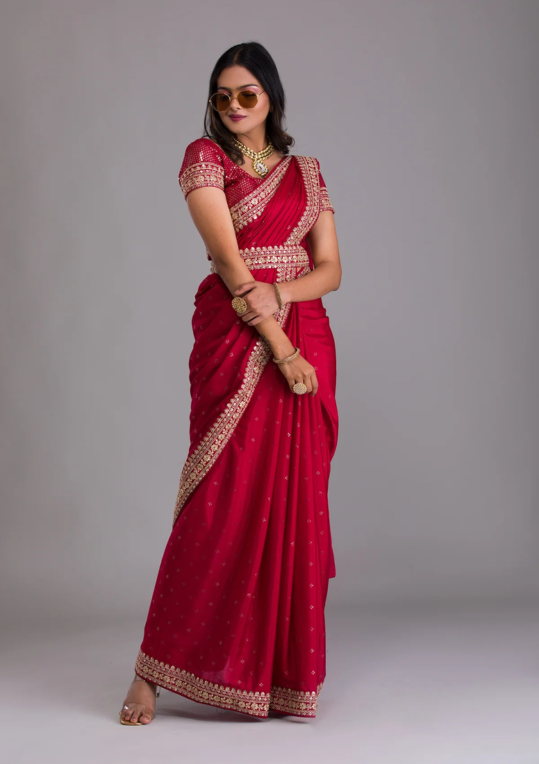 Maroon Colour Chinnon Silk Saree With Foil Print WITH UN-STITCHED BLOUSE
