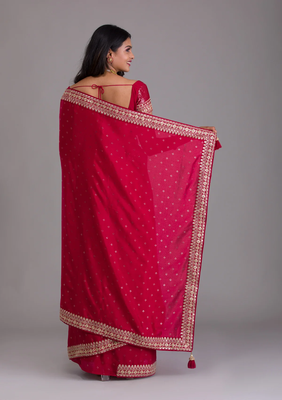 Maroon Colour Chinnon Silk Saree With Foil Print WITH UN-STITCHED BLOUSE 4