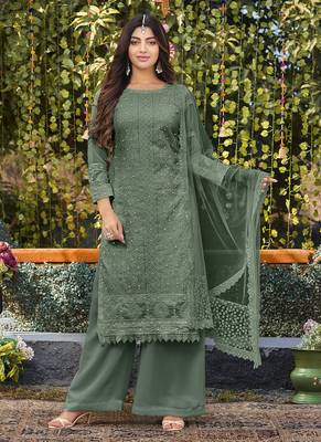 Green Colour Embroidered Palazzo Dress For Ethnic Ceremonial Looks 1