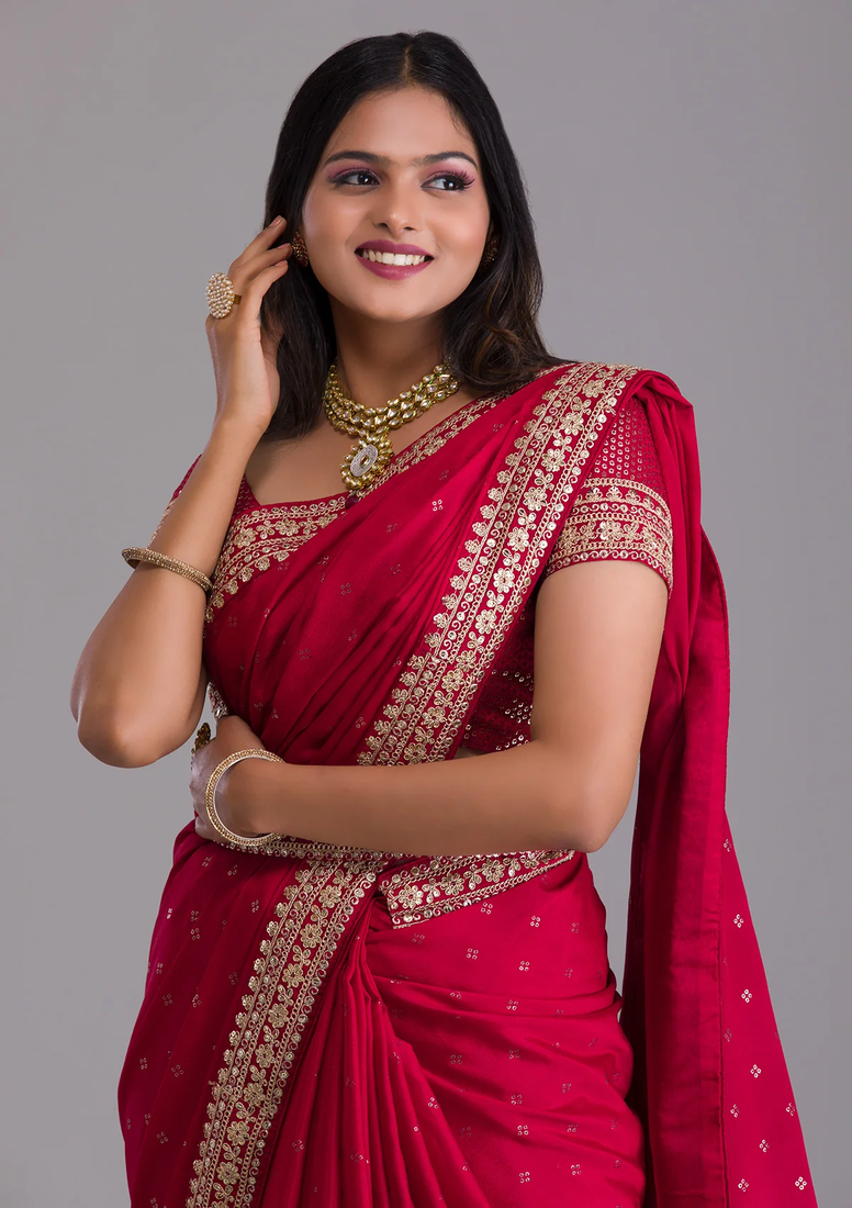 Maroon Colour Chinnon Silk Saree With Foil Print WITH UN-STITCHED BLOUSE