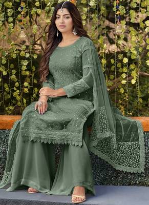 Green Colour Embroidered Palazzo Dress For Ethnic Ceremonial Looks 2