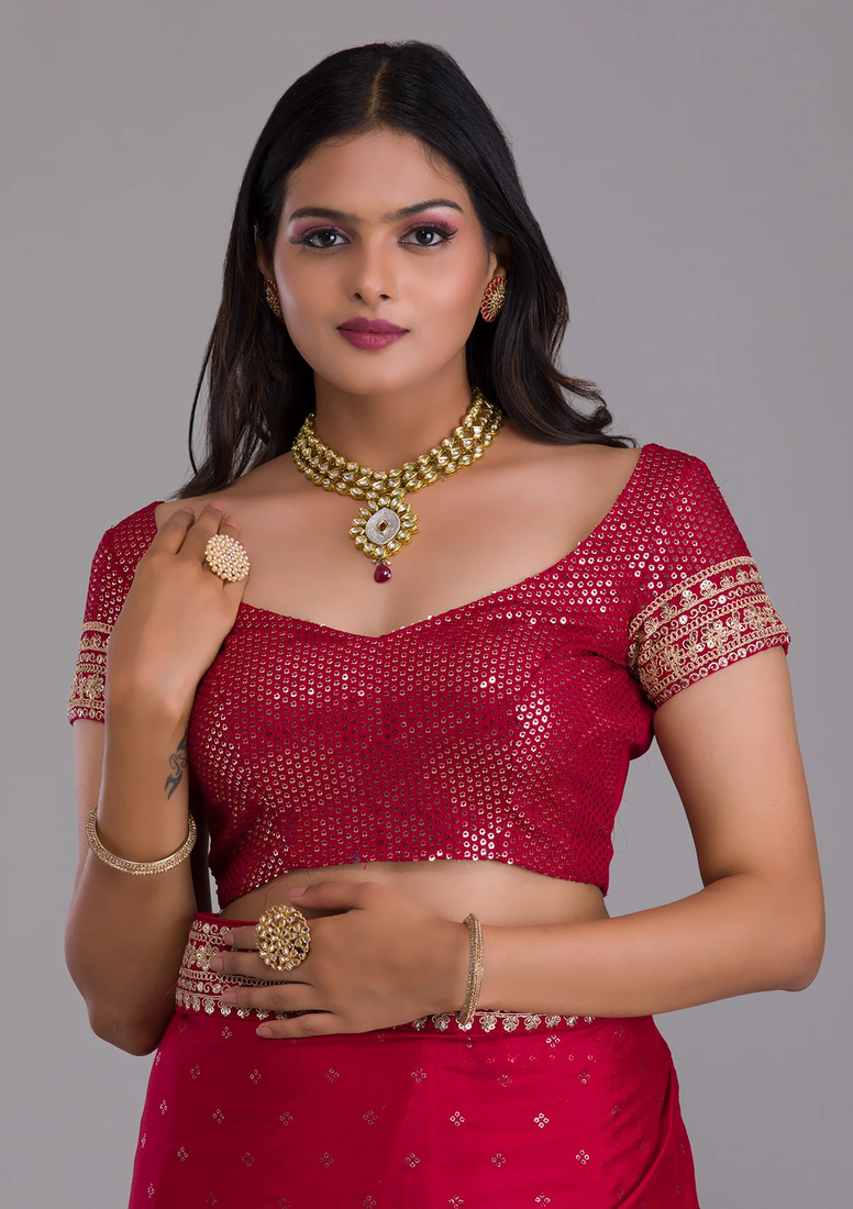 Maroon Colour Chinnon Silk Saree With Foil Print WITH UN-STITCHED BLOUSE