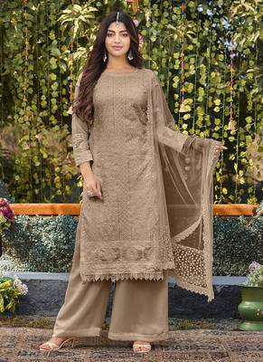 Brown Colour Embroidered Palazzo Dress For Ethnic Ceremonial Looks 1