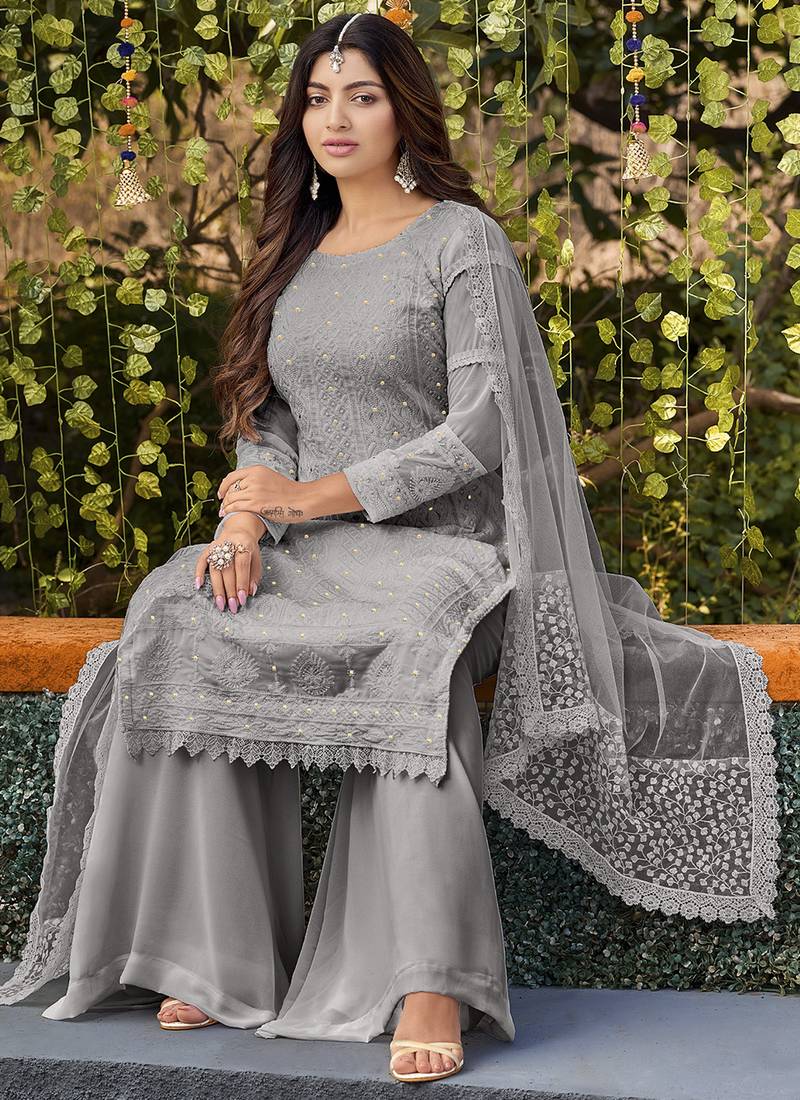 Festive Style Yellow Embroidered Palazzo Dress for Weddings main image 1