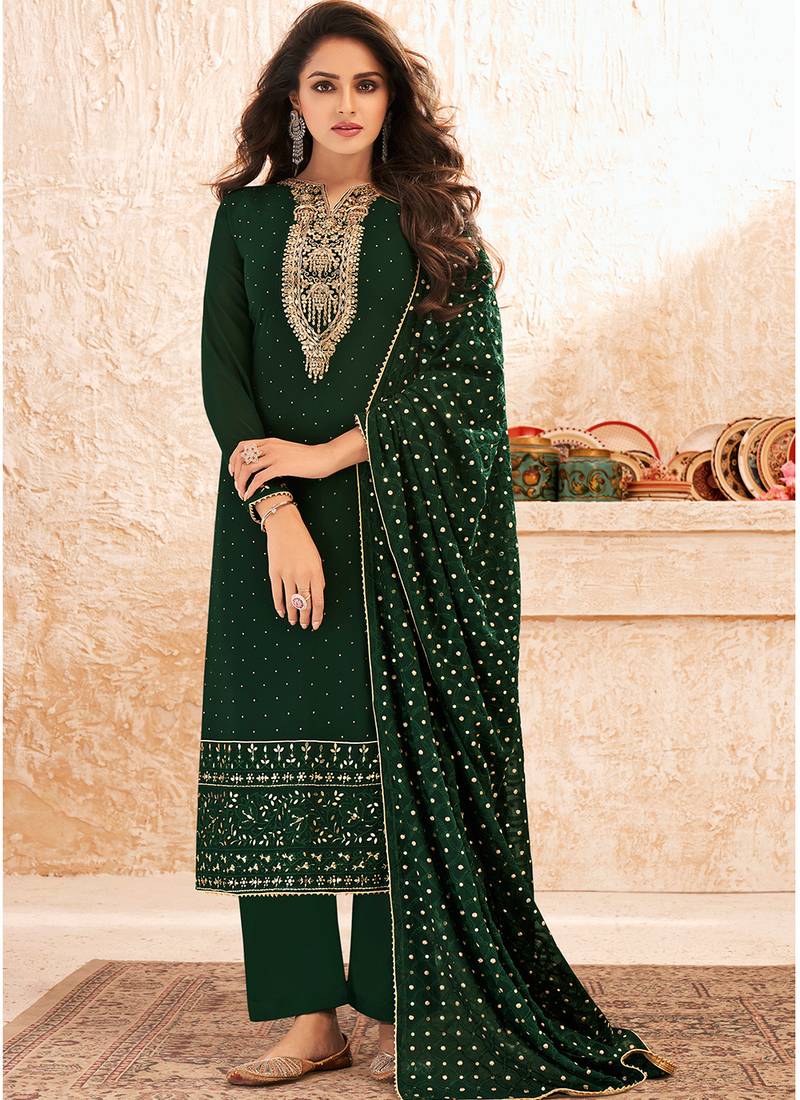 Green Colour Georgette Fabric Partywear Embroidered Salwaar Kameez