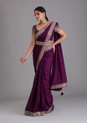 Wine Colour Chinnon Silk Saree With Foil Print WITH UN-STITCHED BLOUSE 1
