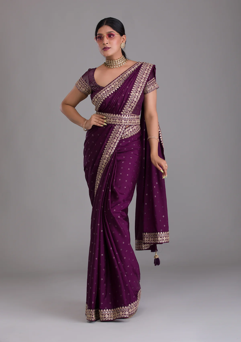 Wine Colour Chinnon Silk Saree With Foil Print WITH UN-STITCHED BLOUSE