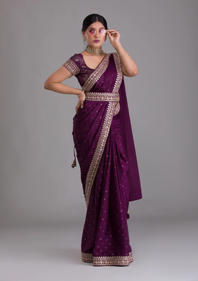 Wine Colour Chinnon Silk Saree With Foil Print WITH UN-STITCHED BLOUSE 4