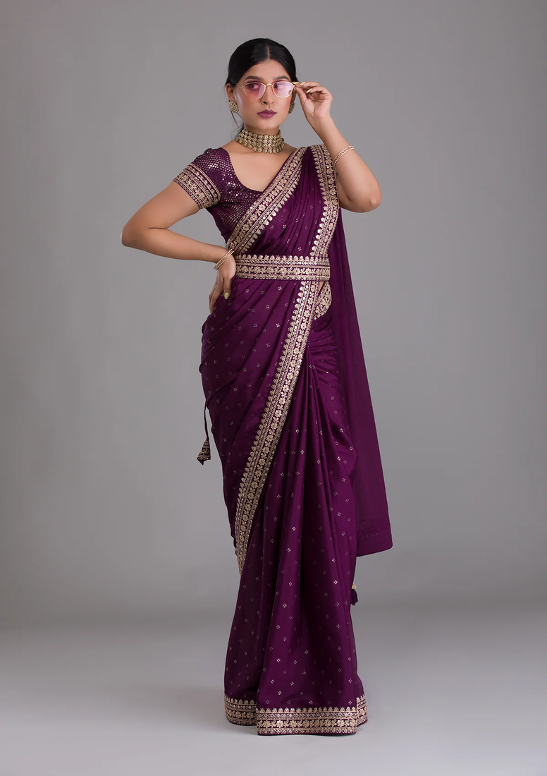 Wine Colour Chinnon Silk Saree With Foil Print WITH UN-STITCHED BLOUSE