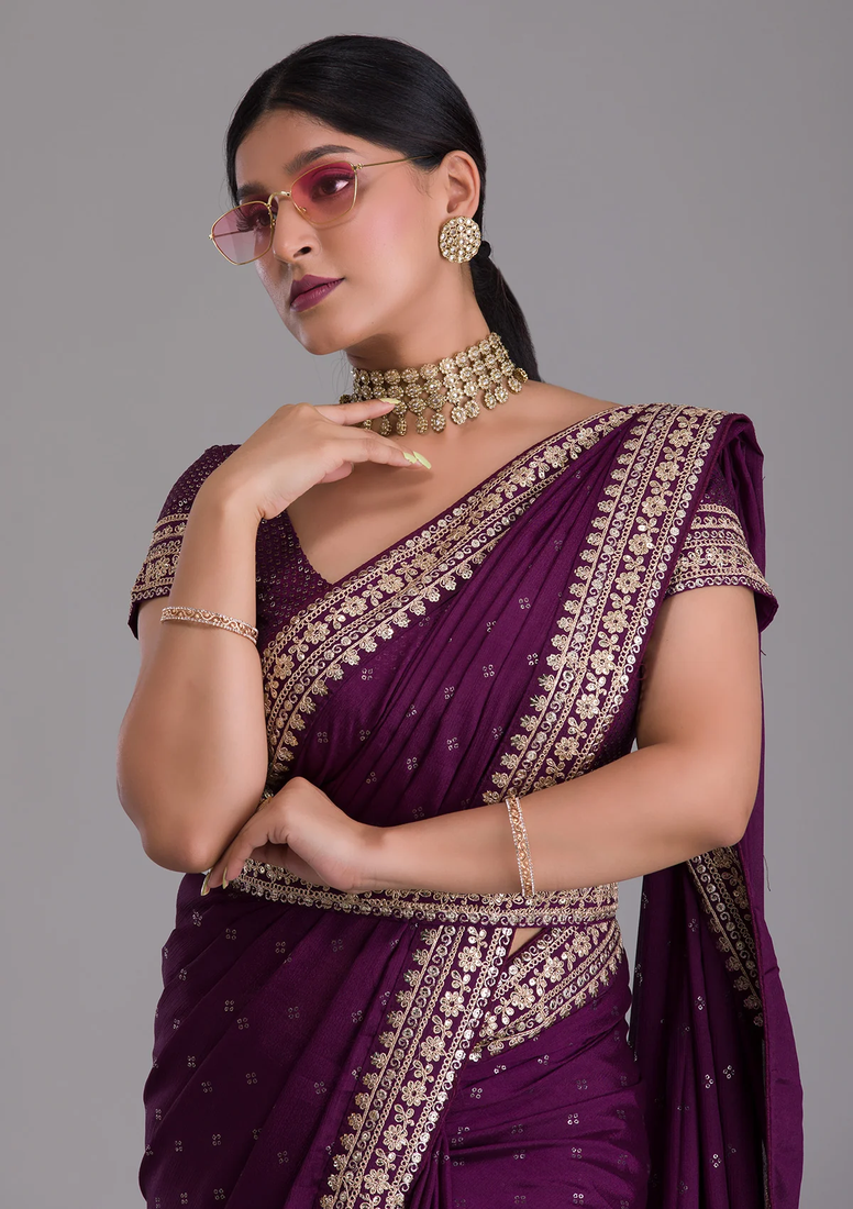 Wine Colour Chinnon Silk Saree With Foil Print WITH UN-STITCHED BLOUSE