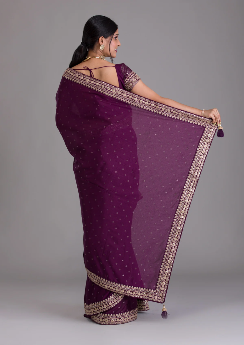 Wine Colour Chinnon Silk Saree With Foil Print WITH UN-STITCHED BLOUSE