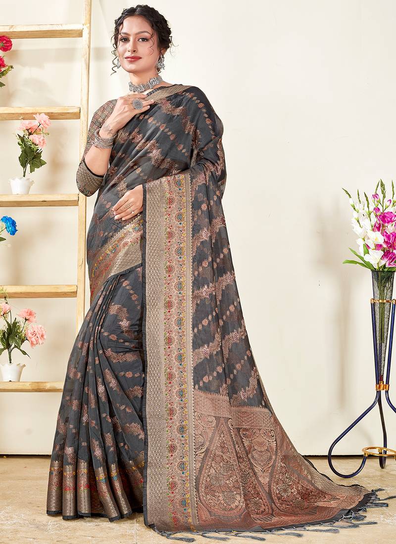 Ethnic Grey Colour Organza Woven Designer Looks Saree