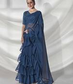 Girlish Teal Blue Designer Hand Work Partywear Saree