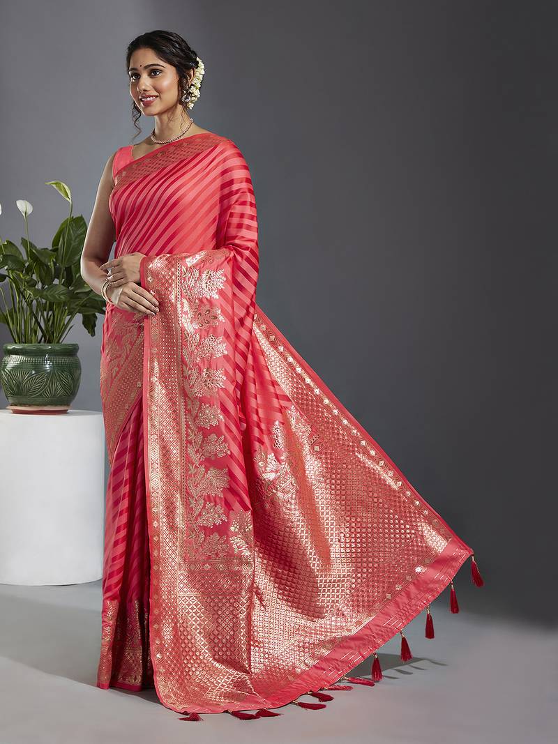 Gajri Colour Banarasi Silk Wevon Silver Jari Designer Saree
