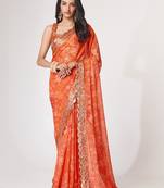 Orange Organza c Digital Print And Sequins Work Partywear Highend Saree