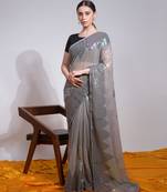 Grey Designer Sequins Embroidery Work Partywear Saree
