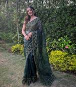 Heavy Partywear Embroidered Organza Saree In Blue Colour