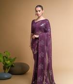 Wine Sequins Work Designer Partywear Saree