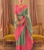 Green Handloom Silk Bamboo Copper Jari Weaving Designer Saree