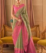 Olive Handloom Silk Bamboo Copper Jari Weaving Designer Saree