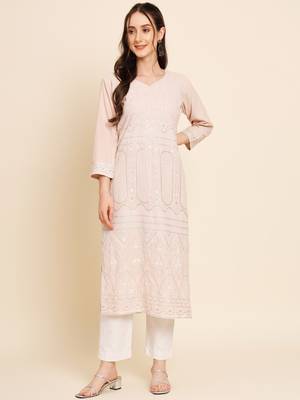 Peach Colour Thread Embroidery Work Traditional Looks Kurti 1