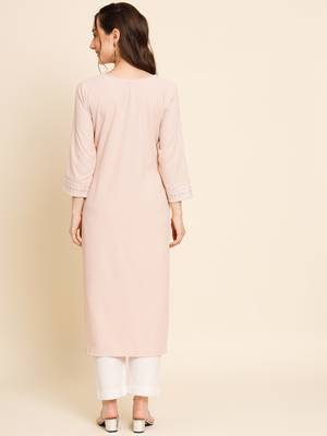 Peach Colour Thread Embroidery Work Traditional Looks Kurti 2