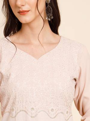 Peach Colour Thread Embroidery Work Traditional Looks Kurti 3