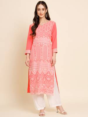 Gajri Colour Thread Embroidery Work Traditional Looks Kurti 1