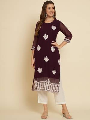 Wine Colour Georgette Fabric Partywear Readymade Kurti 1