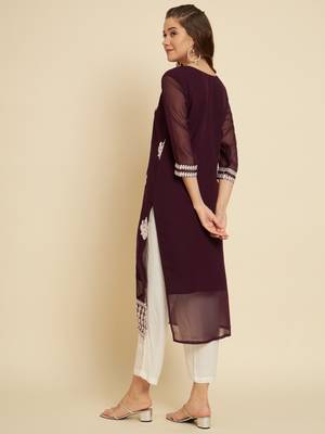 Wine Colour Georgette Fabric Partywear Readymade Kurti 2